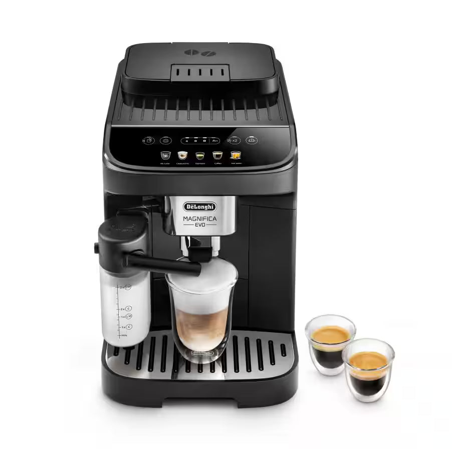 De'Longhi coffee machine with two cups of coffee on a white background
